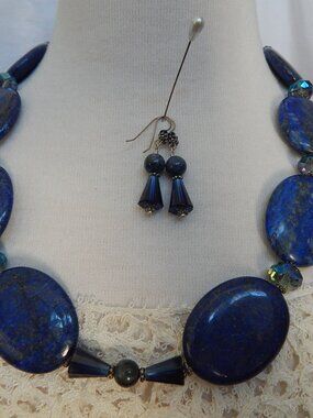One of a Kind Handcrafted Lapis Beaded Necklace - Swarovski Crystals - Earrings